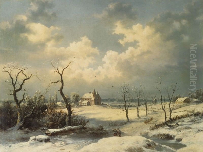 Winter landscape with a village church Oil Painting by Franciszek Kostrzewski