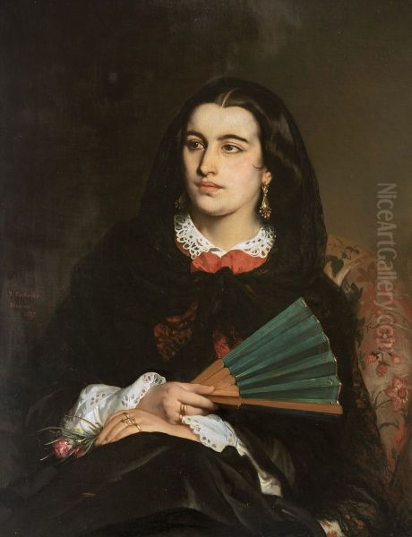 Milanese lady with a fan, 1857 Oil Painting by Jean-Francois Portaels
