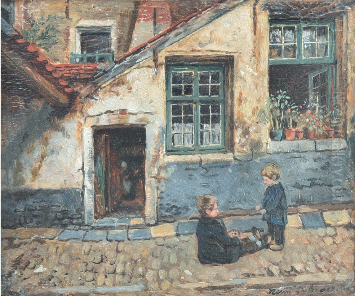 Children in a courtyard Oil Painting by Henri de Braekeleer