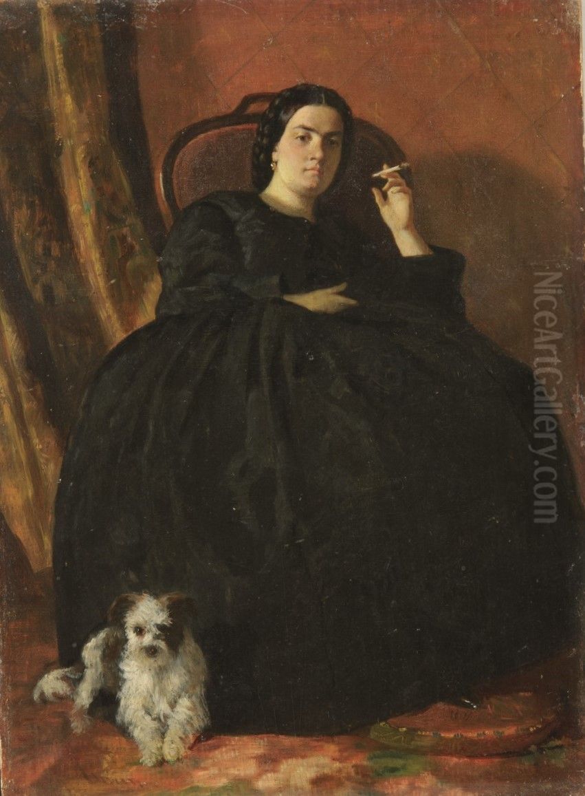Portret de femeie cu caine / Femeie cu cainele Oil Painting by Theodor Aman