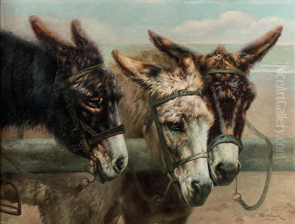 Donkeys at the fence Oil Painting by Piet Van Engelen