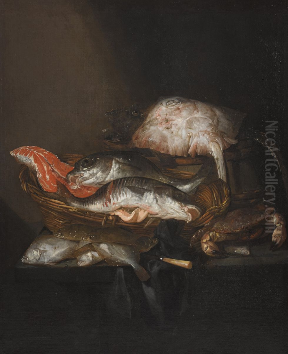 Still life with a ray on a barrel, a salmon steak, a pike perch and a coalfish in a basket, with flounders, a knife and a crab on a draped table Oil Painting by Abraham Van Beijeren