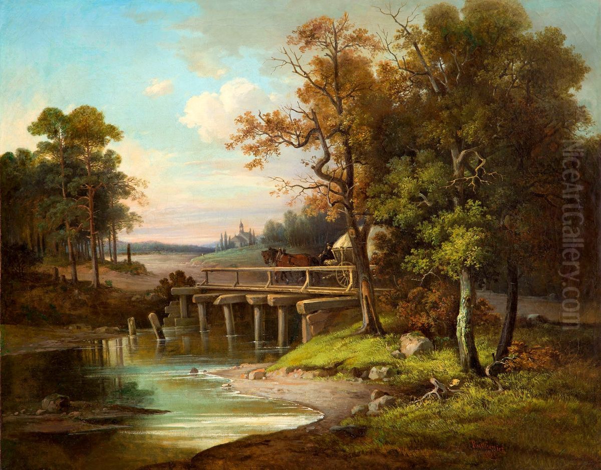 Pejzaz z przeprawa przez most i widokiem na kosciol Oil Painting by Franciszek Ruskiewicz