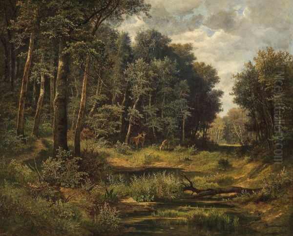Roe Deer at the Forest Pond Oil Painting by Leopold Munsch