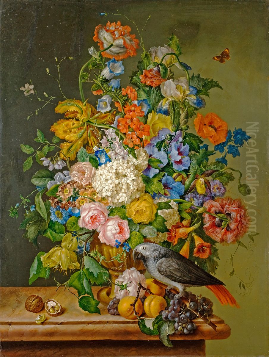 A still life of roses, hydrangeas, poppies and other flowers in an urn with an African Grey parrot, grapes, peaches and walnuts on a marble ledge Oil Painting by Franz Xaver Petter