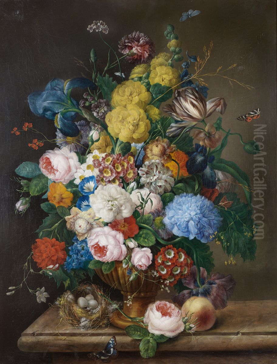 Roses, irises, carnations, tulips and other flowers in a bronze urn on a marble ledge with a peach and a birds' nest Oil Painting by Franz Xaver Petter