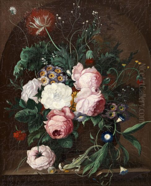 A still life of flowers with a lizard on a stone ledge Oil Painting by Franz Xaver Petter