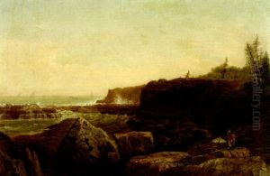Rocky New England coast, with artist at easel.