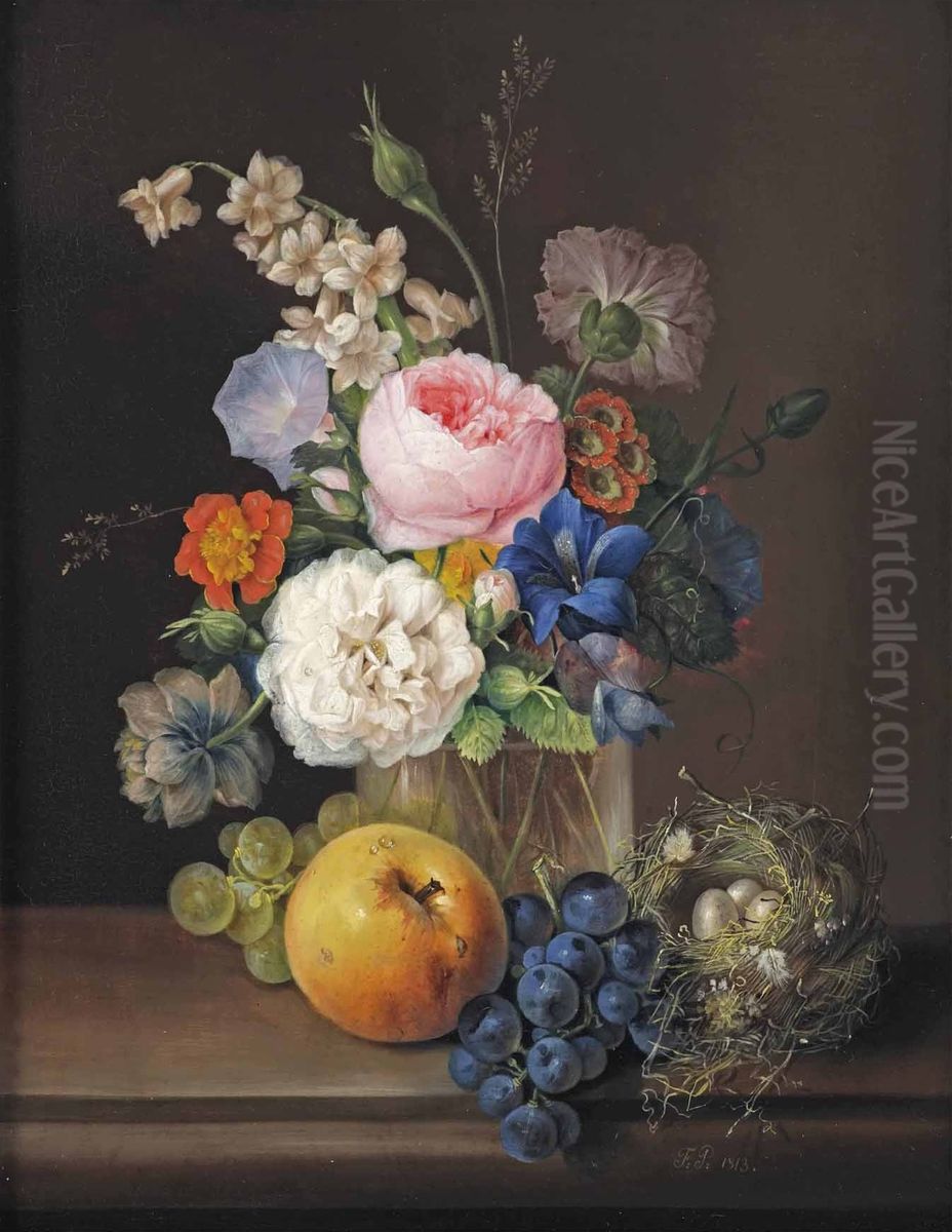 A peony, a rose, bindweed, primroses and various other flowers in a glass vase, with blue and white grapes, an apple and a nest Oil Painting by Franz Xaver Petter