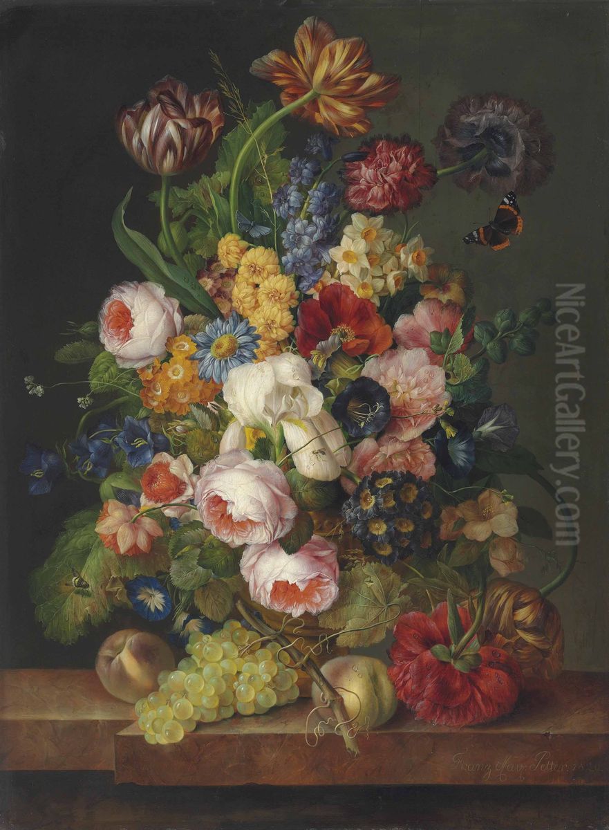 Rosen, Papageientulpen und Iris, Narzissen, Pfingstrosen, Winde und andere Blumen mit einem Admiral, einer Biene und anderen Insekten in einer geschnitzten Urne mit Pfirsichen und Weintrauben auf einem Marmorsims Oil Painting by Franz Xaver Petter