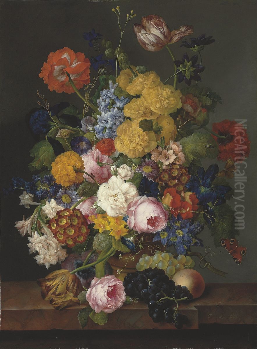 Ein uppiges Stillleben mit Fruhlings- und Sommerblumen in einer Urne mit Fruchten auf einem Marmorsims Oil Painting by Franz Xaver Petter