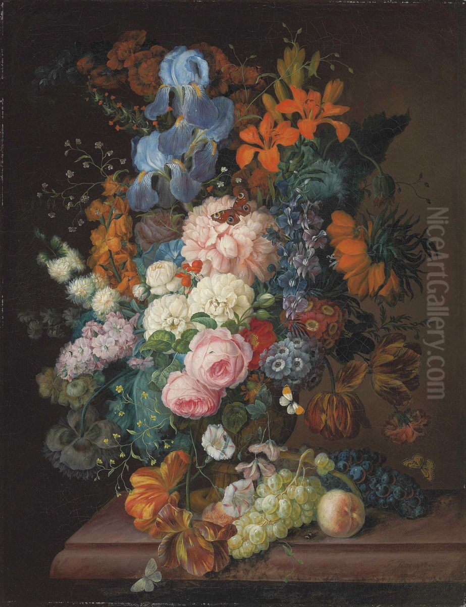 Roses, peonies, irises, violets, and other blooms in a terracotta urn, with grapes and a peach on a table Oil Painting by Franz Xaver Petter