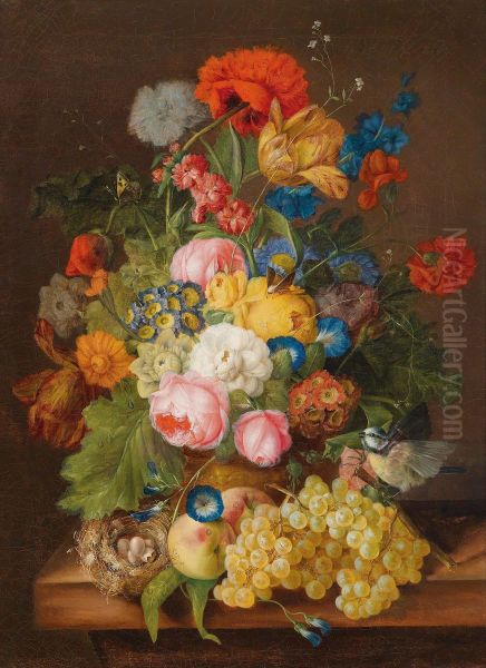 Blumenstuck mit Weintrauben und Vogelnest Oil Painting by Franz Xaver Petter
