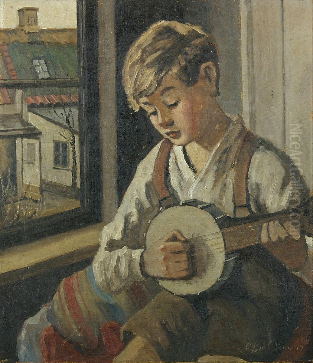 Interior med banjospillende dreng. Oil Painting by Christian Aigens