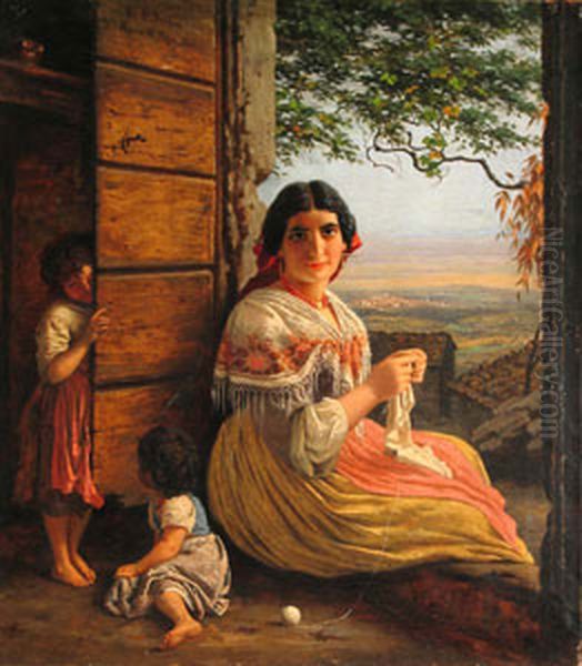 Italian Woman knitting Oil Painting by Carl Ludwig Jessen