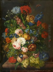 Blumenstillleben mit Pfirsichen und Trauben