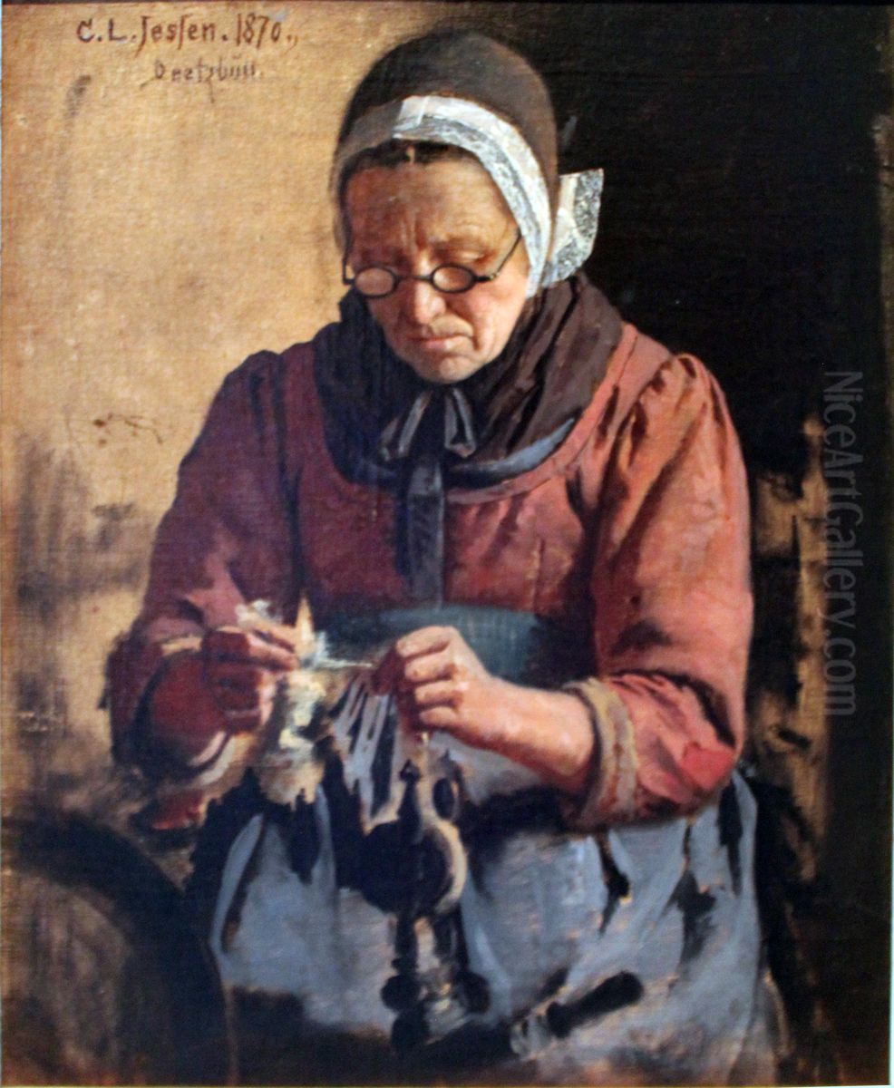 Woman at Spinning-Wheel Oil Painting by Carl Ludwig Jessen