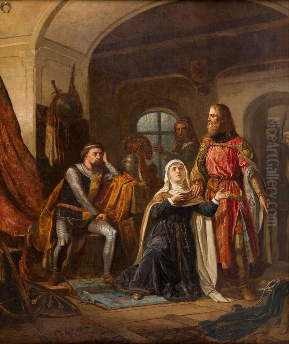 Sw. Jadwiga godzi Konrada Mazowieckiego z Henrykiem Brodatym Slaskim Oil Painting by Feliks Sypniewski