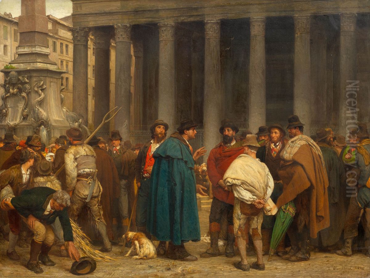 Gathering before the Pantheon in Rome Oil Painting by Ernest van den Kerckhove