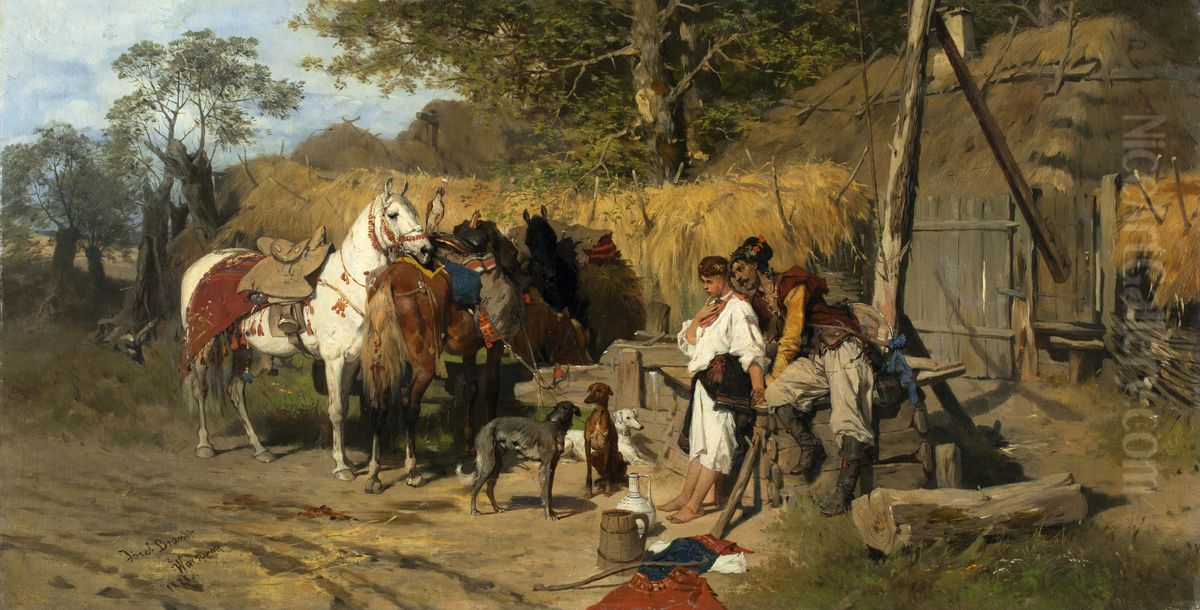 Cossack and a girl at the well Oil Painting by Jozef Brandt