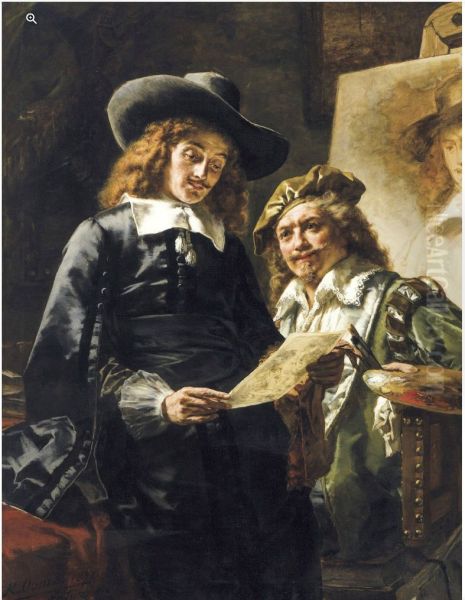 Rembrandt and his patron Jan Six Oil Painting by Karel Ooms