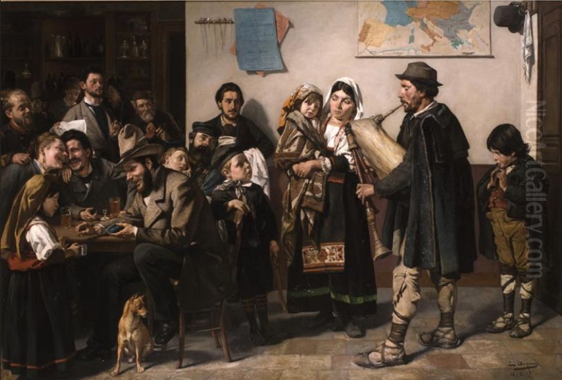 Interior of an Antwerp guest house with Italian itinerant musicians Oil Painting by Edouard De Jans