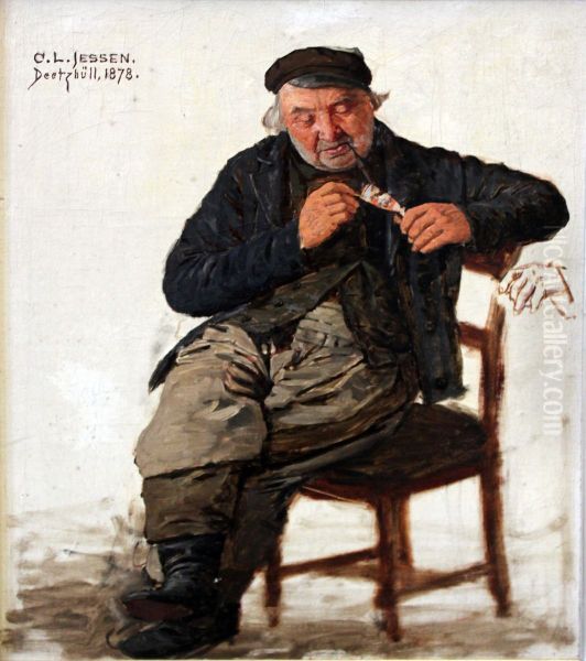 Portrait study of a man with a pipe Oil Painting by Carl Ludwig Jessen