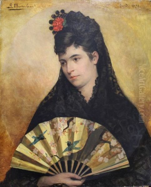 Portrait of a woman with a fan Oil Painting by Louis Maeterlinck
