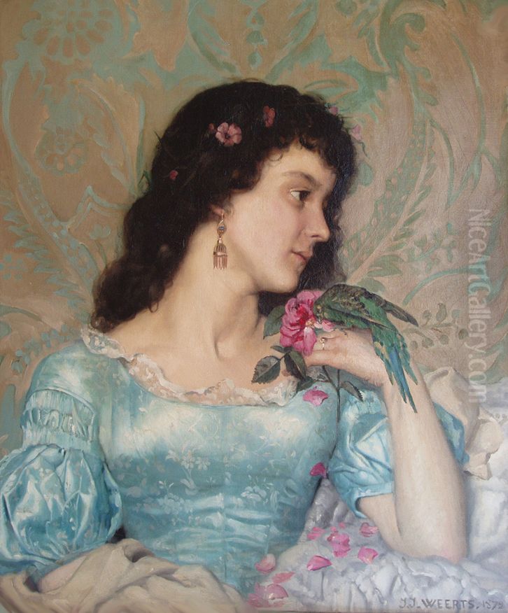 Beautiful pensive portrait of a young woman with a bird and flower Oil Painting by Jean-Joseph Weerts