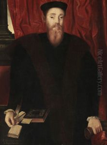Portrait of Sir John Cheke (1514-1557), half-length, in black with a fur collar, holding a letter and gloves