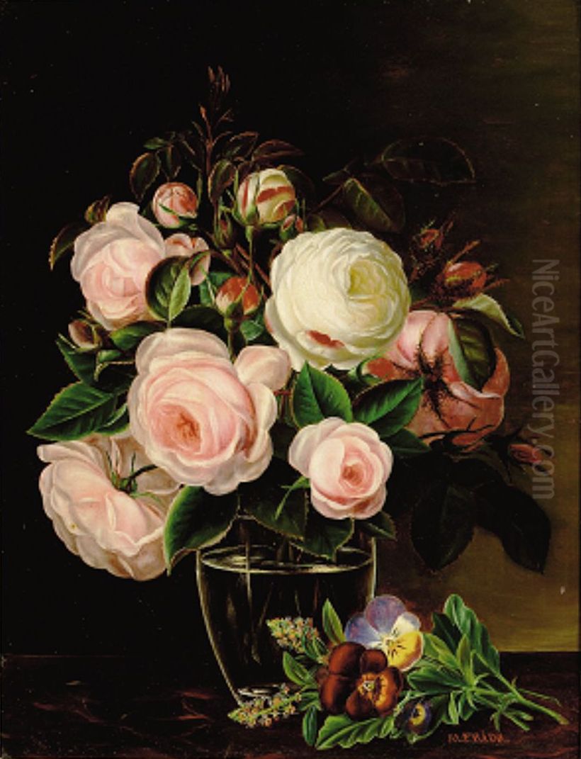 White and pink roses in a glass vase. Oil Painting by Alfrida Baadsgaard
