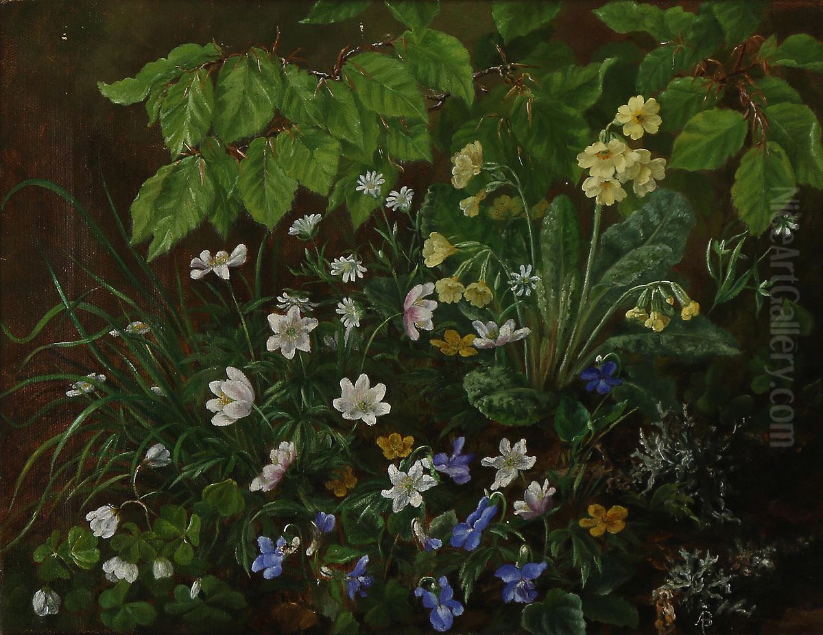Flowers in the forest floor. Oil Painting by Alfrida Baadsgaard
