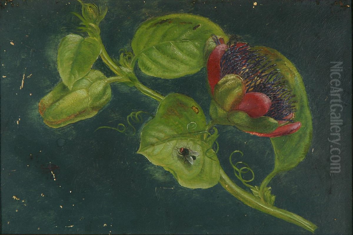 A branch with flowers and a fly on a leaf. Oil Painting by Alfrida Baadsgaard
