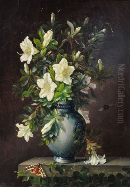 Still life with azalea, moth and a bumblebee. Oil Painting by Alfrida Baadsgaard