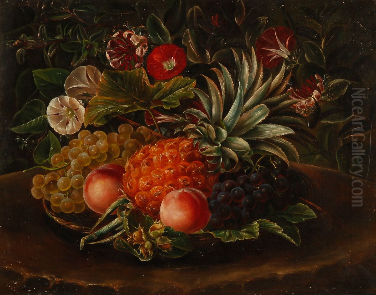 Still life with fruits and flowers on a plate. Oil Painting by Alfrida Baadsgaard