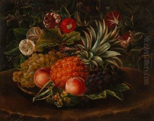 Still life with fruits and flowers on a plate.