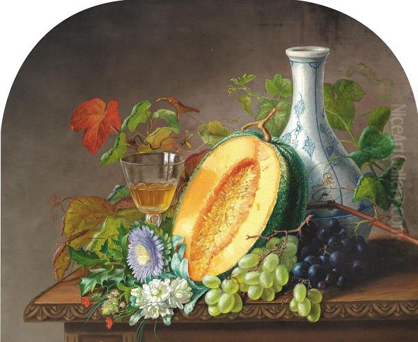 Still life with a melon, grapes, flowers and a glass of wine on a table. Oil Painting by Alfrida Baadsgaard
