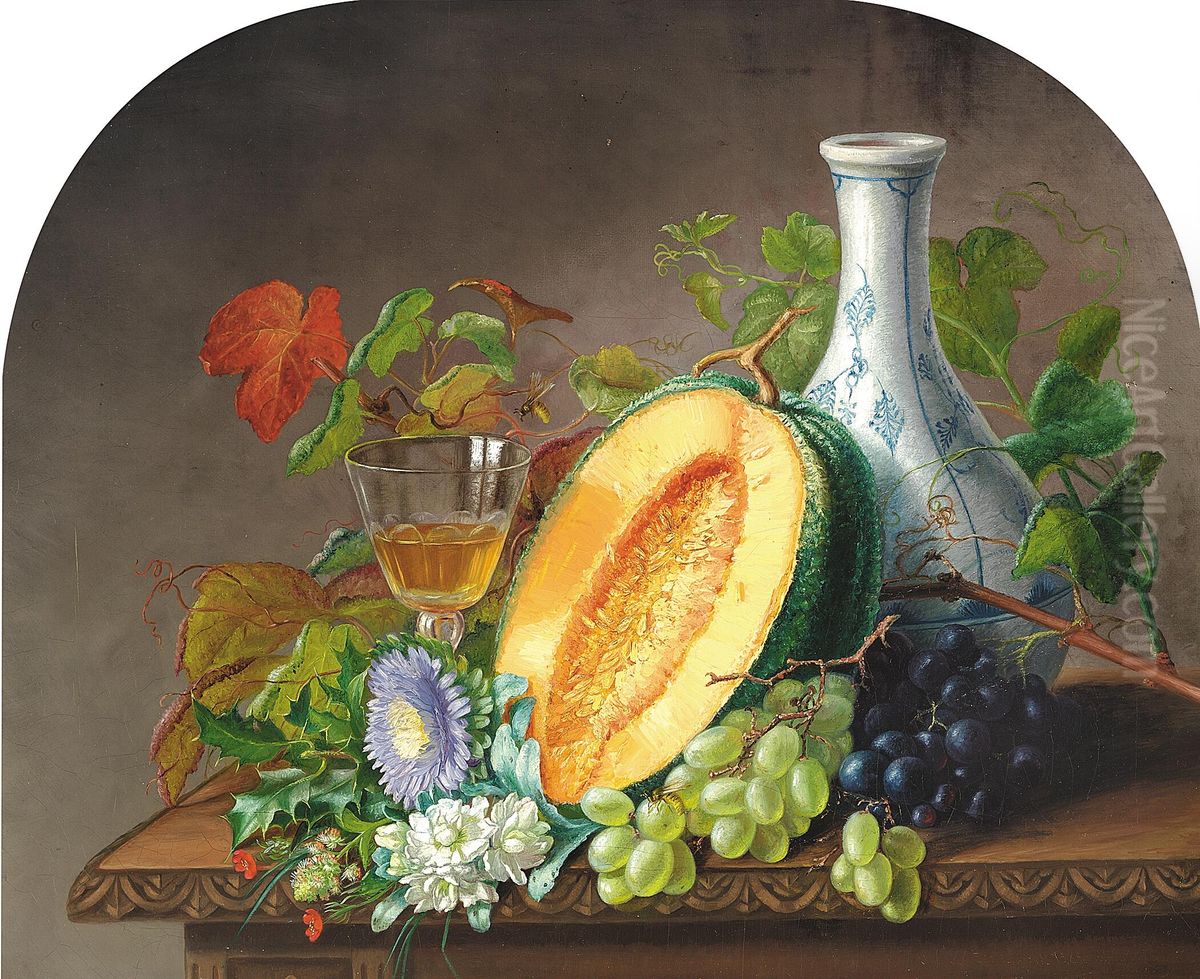 Opstilling med melon, druer, blomster, karaffel og vinglas pa et bord. Oil Painting by Alfrida Baadsgaard