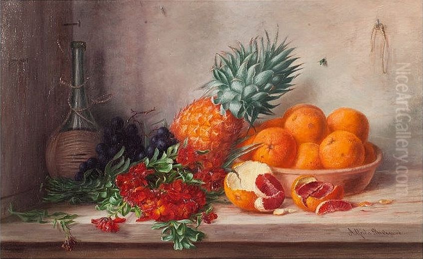 Still life with wine and fruits on a table. Oil Painting by Alfrida Baadsgaard