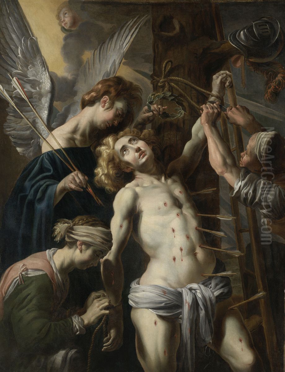 Saint Sebastian Released by the Roman Widow Irene and her Servant Oil Painting by Melchior De La Mars