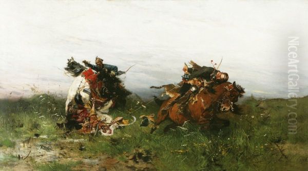 Caught in a lasso Oil Painting by Jozef Brandt