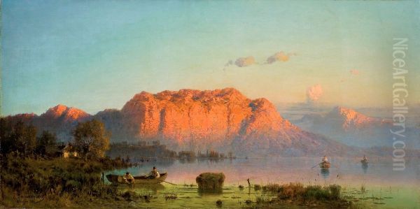 Zachod slonca nad jeziorem Oil Painting by Aleksander Swieszewski
