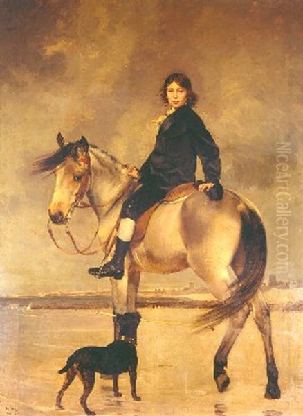 Portrait of Gaetan de Somzee on horseback Oil Painting by Emile Wauters