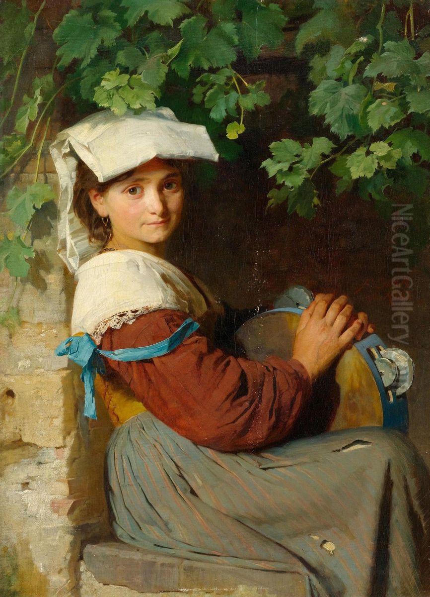 An Italian woman with a tambourine at a window Oil Painting by Franz Xaver Simm