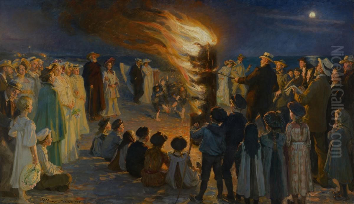 Midsummer's Eve Bonfire on Skagen's Beach Oil Painting by Peder Severin Kroyer