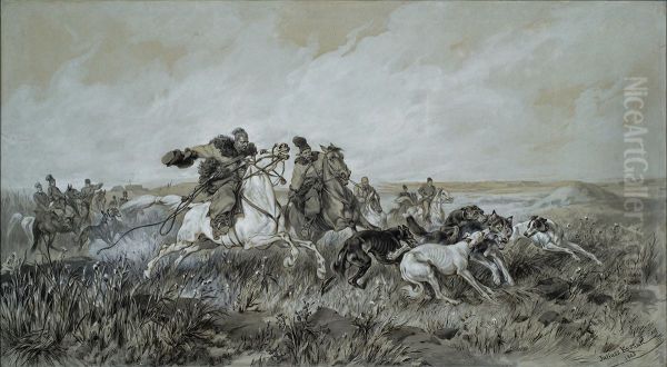 Polowanie stepowe na wilka Oil Painting by Juliusz Kossak