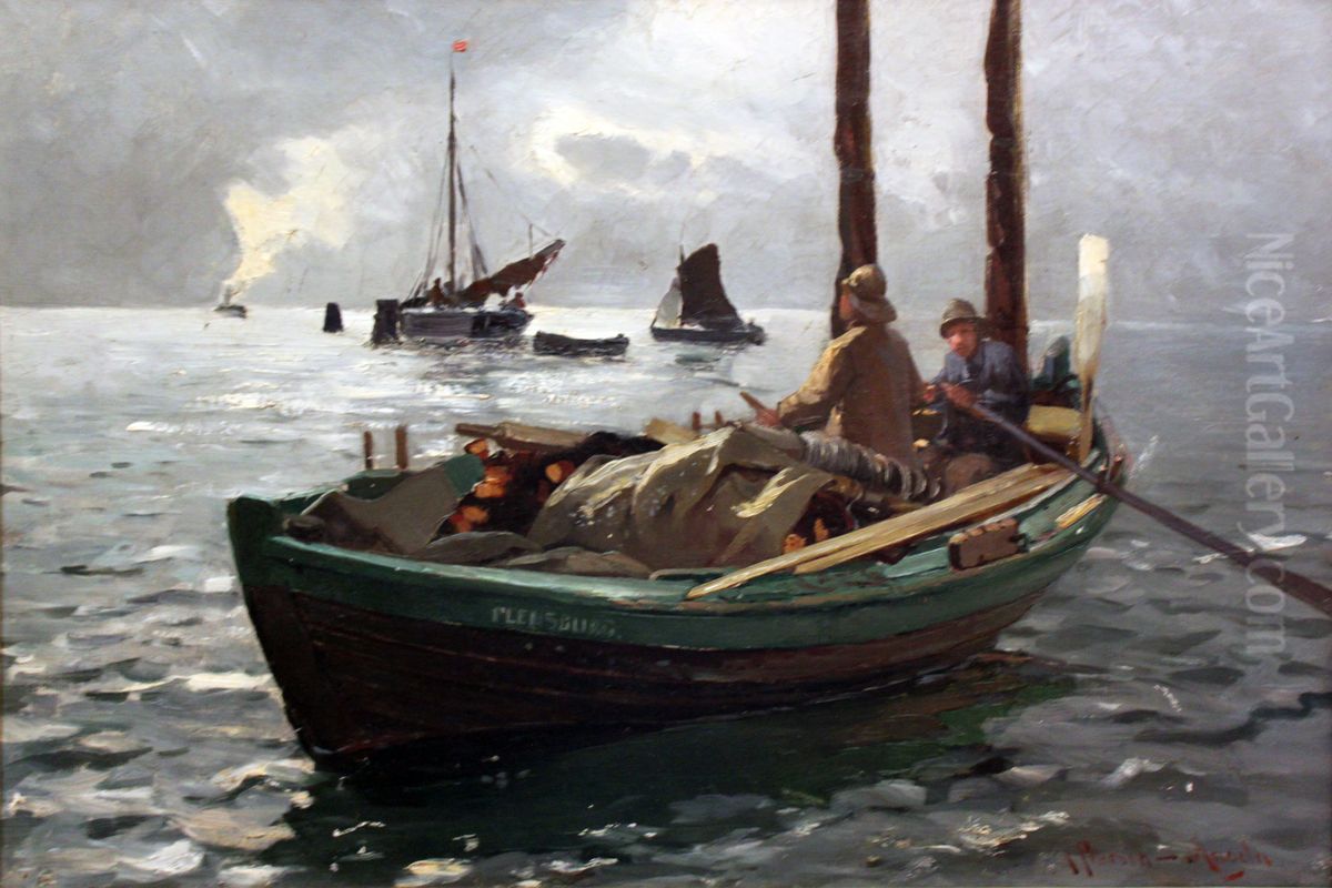 Fishingboats at Flensburg fiord Oil Painting by Heinrich Petersen-Angeln