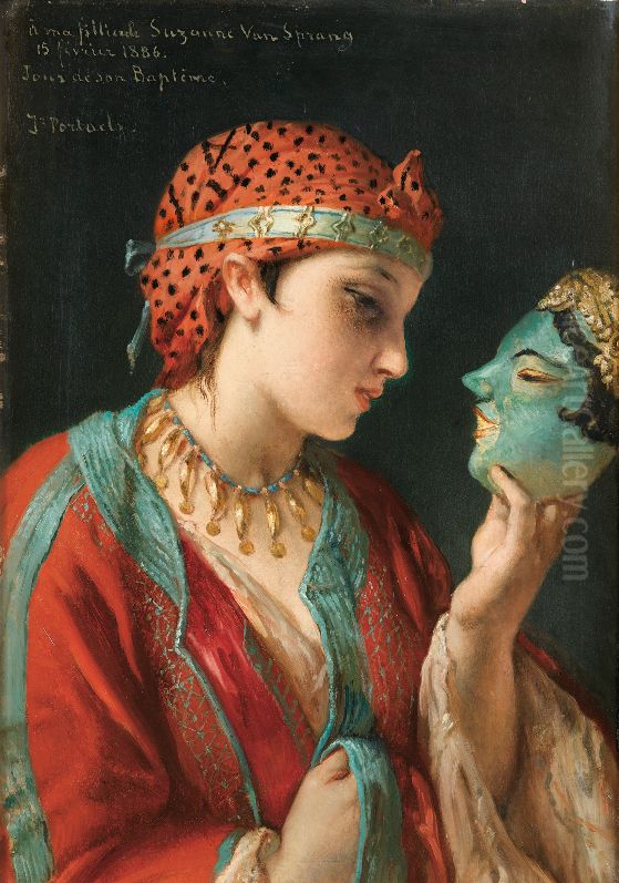 Portrait of a young girl with a mask Oil Painting by Jean-Francois Portaels