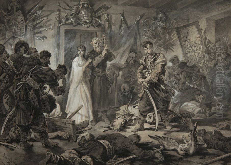 Napad Bohuna na Kurcewiczow w Rozlogach Oil Painting by Juliusz Kossak