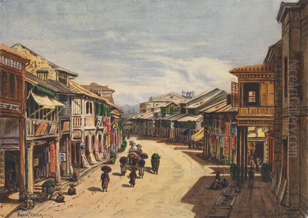 A Hong Kong street scene Oil Painting by Eduard Hildebrandt